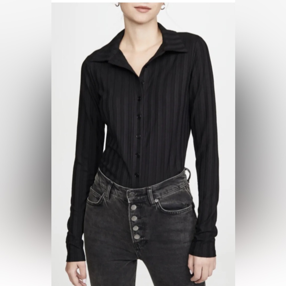 Reformation Laurie Top Long Sleeve Collared Ribbed Black Button Up M
